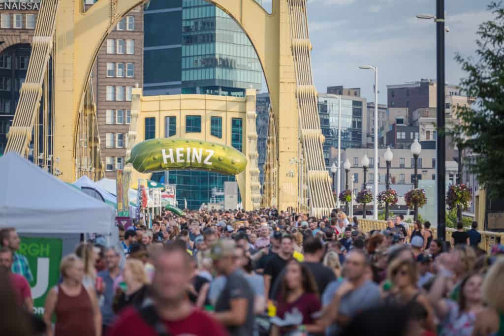 A crowd gathering for Picklesburgh in downtown Pittsburgh. 