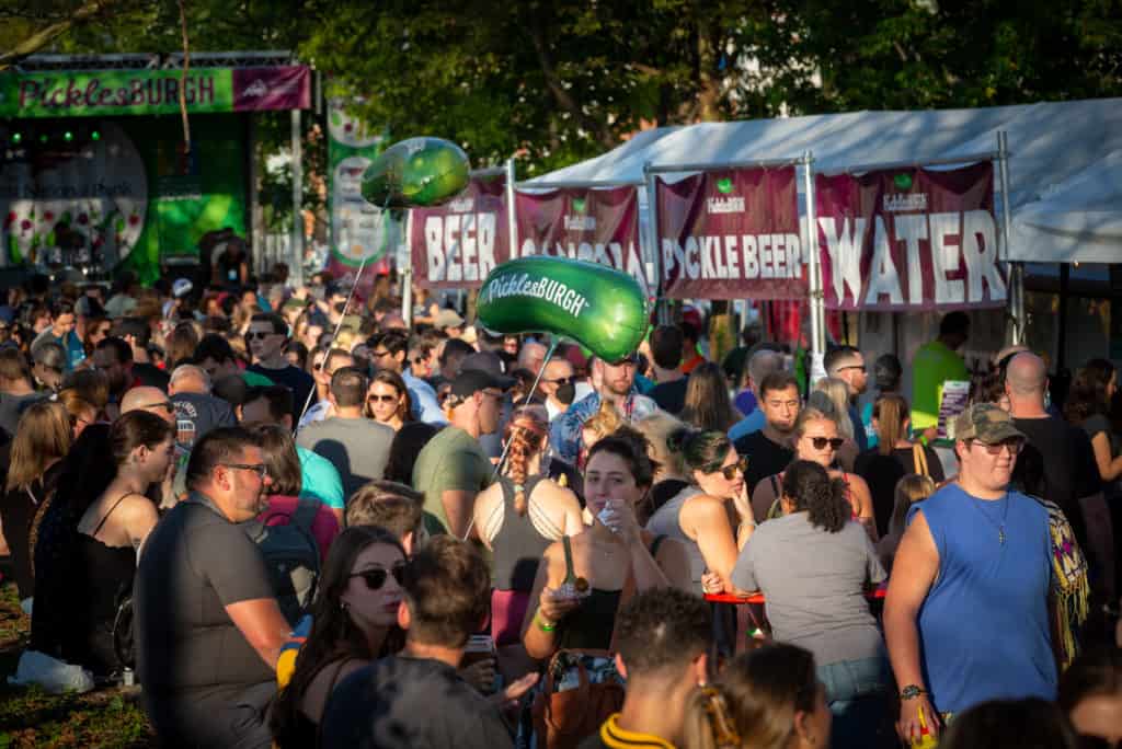 A crowd gathering at Picklesburgh in downtown Pittsburgh. 